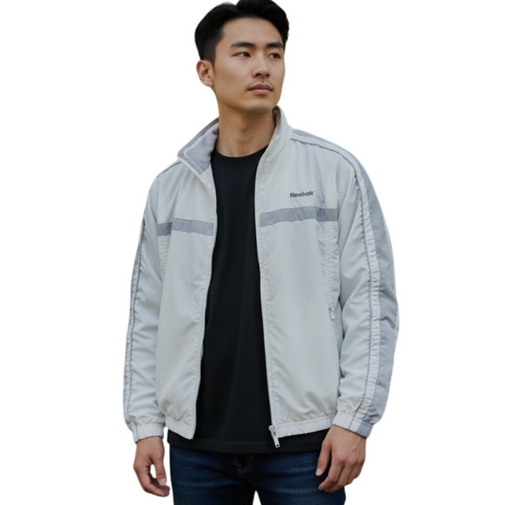 Vintage Reebok White Track Jacket Grey Stripe Y2K Windbreaker size Medium